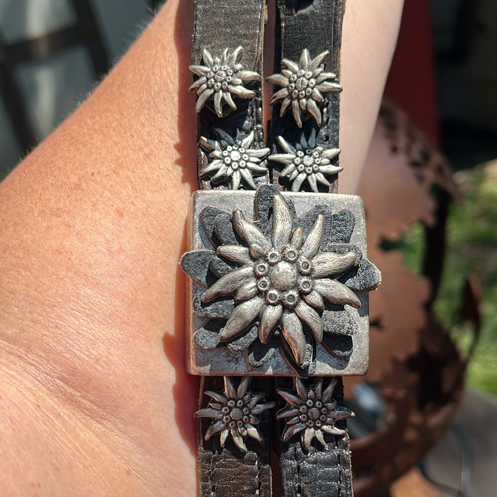 Black Leather Belt with Silver Floral Accents